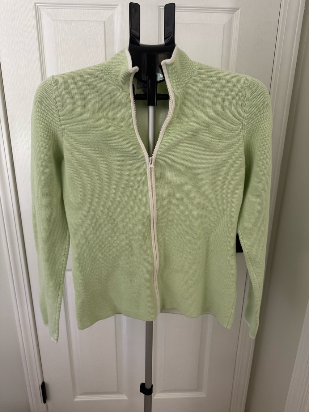 LOFT Light Green Zip Cardigan with Cream Trim